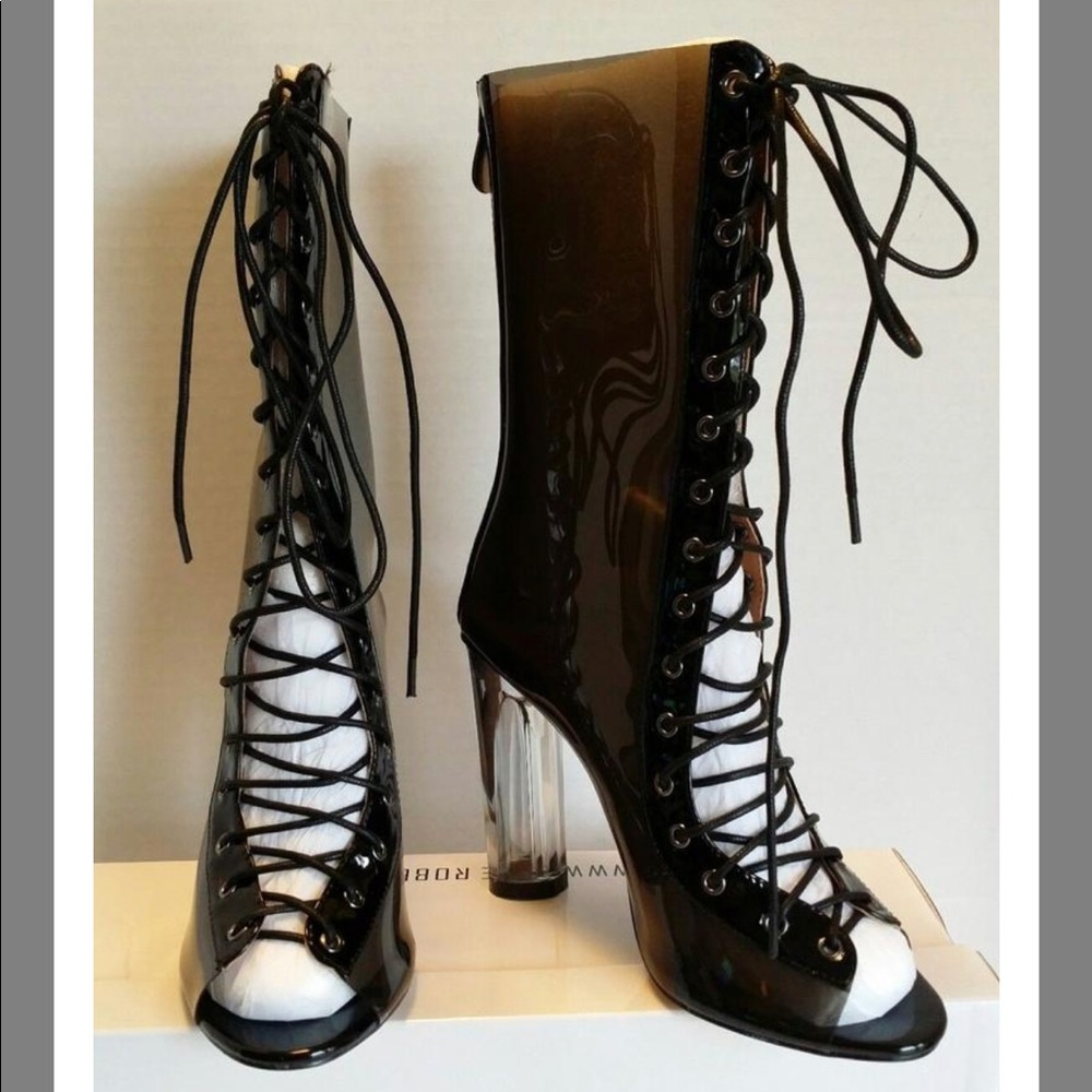 Black Clear Transparent Chunky Heel Lace Up Bootie